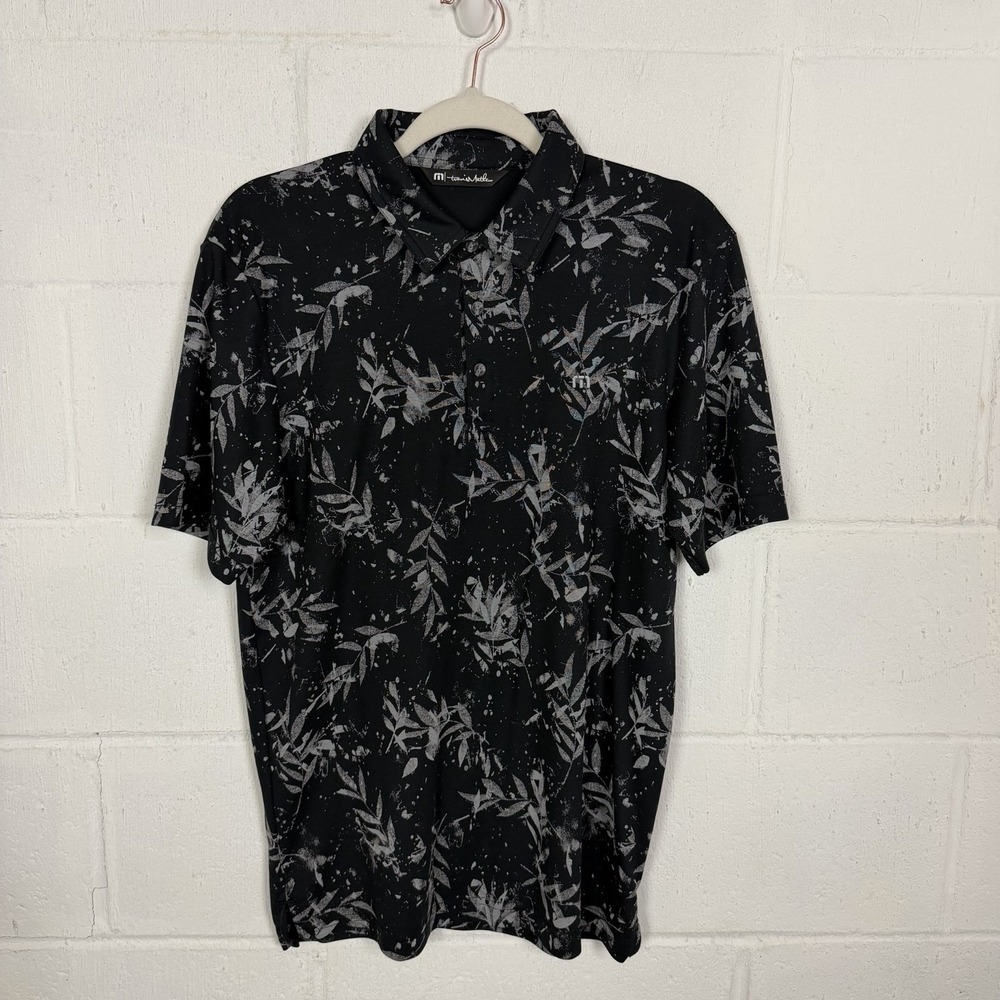 Travis Mathew Mens Polo Size M Black Leaf Print Tropical Performance Golf Sports